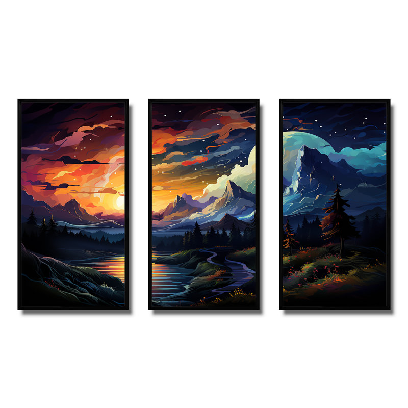 «Yellow Lakeside Mountain Sunset Wonderland II», art mural forêt et rivière, Cadre flottant noir, H 32 po x l 48 po x P 1 po