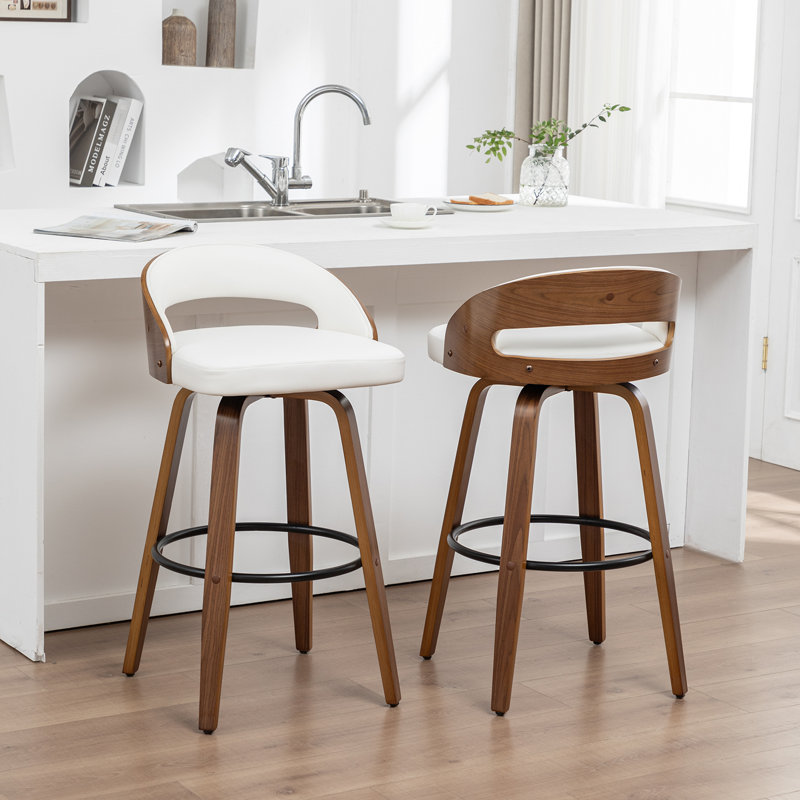 Modern 2-Piece Swivel Barstool Set In Warm Walnut, White, Bar Stool (30" Seat Height)