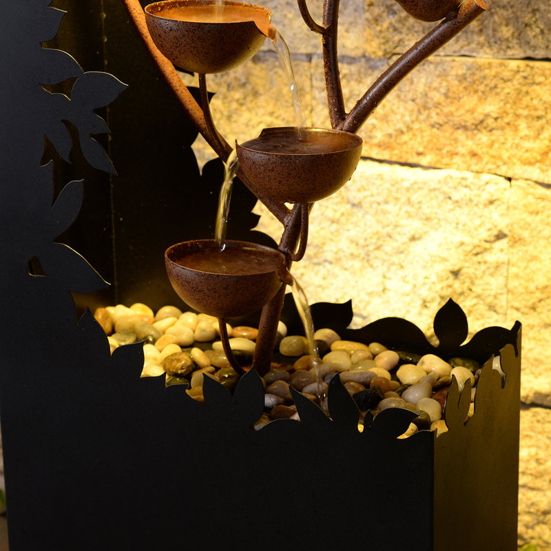 Metal Flower Bowl Outdoor Fountain with Warm White LED Lighting - Outdoor, Black
