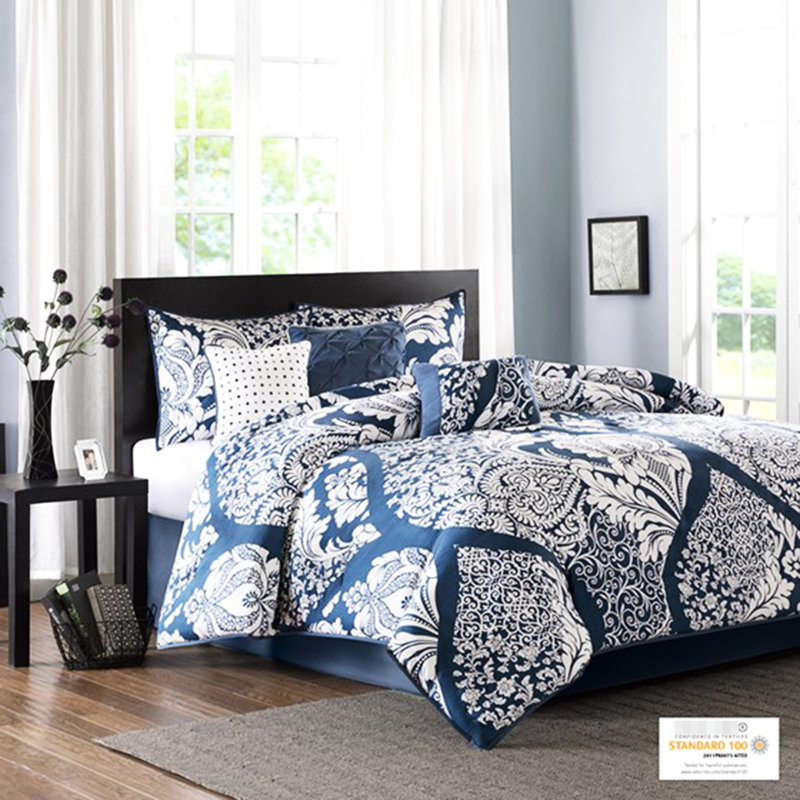 Édredon très grand indigo - Ensemble de 7 coussins décoratifs de couleur unie en coton avec bordure, Indigo