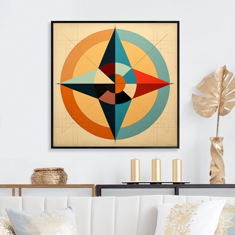 «Midcentury Compass», abstrait géométrique rétro sur toile, Cadre flottant noir, H 24 po x l 24 po x P 1 po