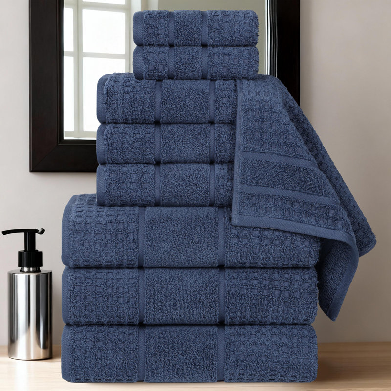  Zero-Twist Cotton Towel Set - Honeycomb Waffle Texture - Quick-Dry, Navy Blue