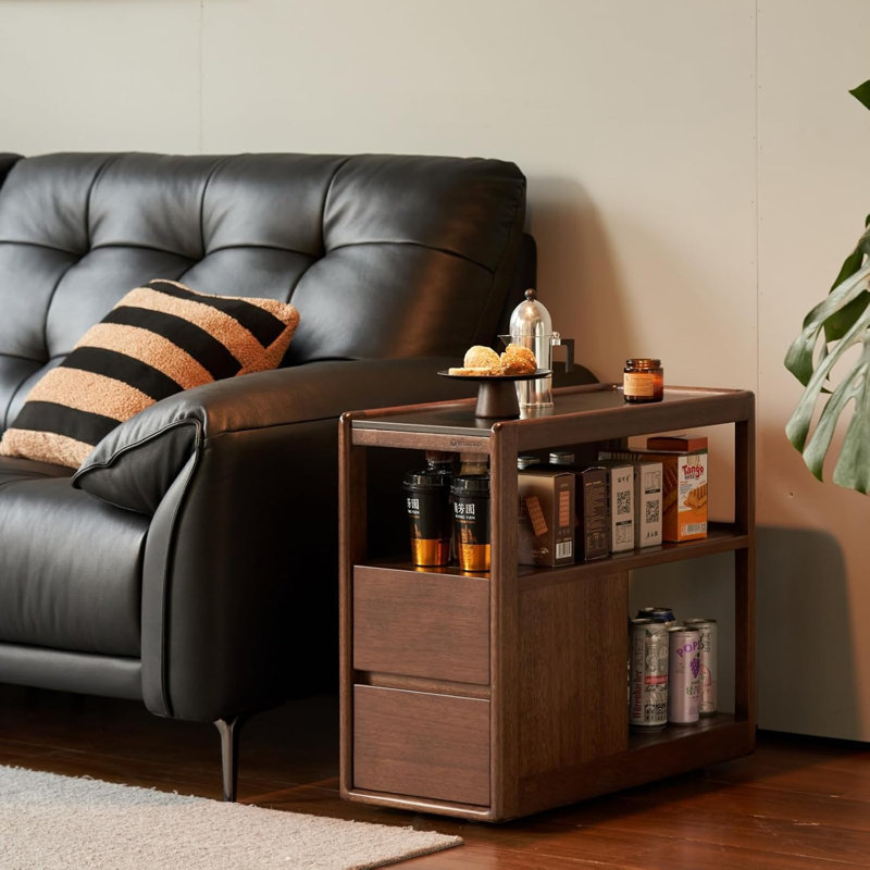 26.7"W Solid Walnut Assembled Mobile Brown End Table with Sintered Stone Tabletop,Storage Shelve,Drawer,Wheels, Walnut