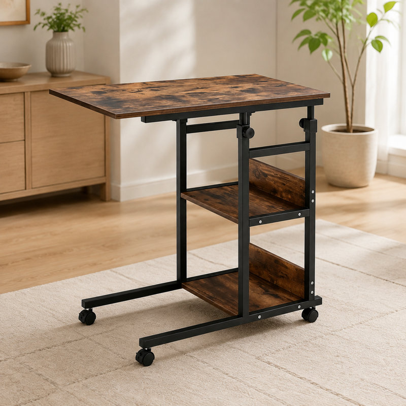 Brown Particleboard C-Shaped Rolling Coffee Table(31.82" x 15.91" x 32.57"), Adjustable Height with Brake Casters for Living Room