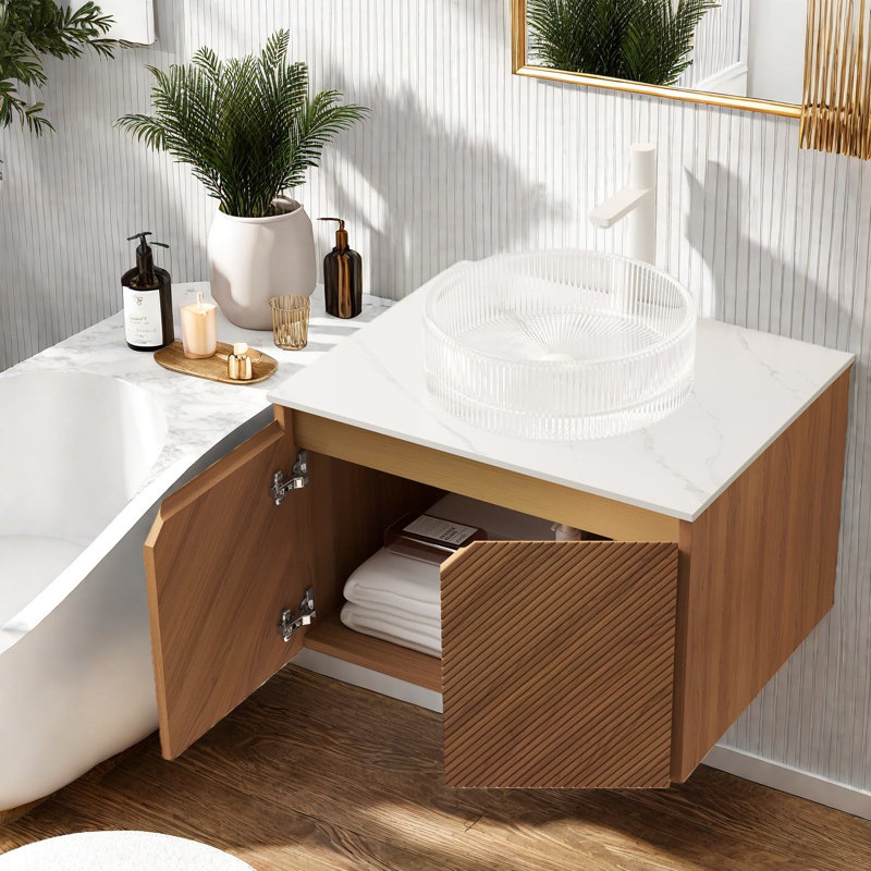 Meuble-lavabo flottant moderne et lavabo en verre, rangement en chêne brun pour les salles de bain