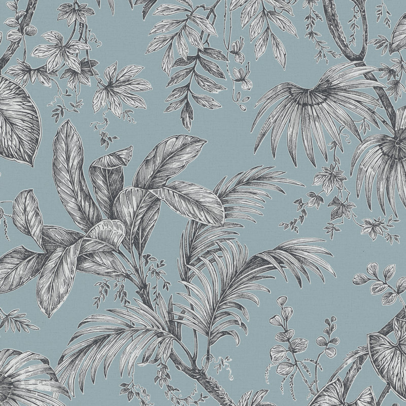 Olio Large Palm Leaves and Stems 33' L x 21" W Wallpaper Roll, Teal/Black