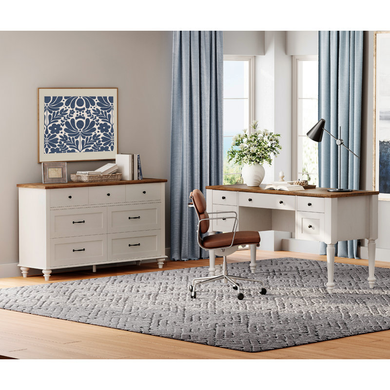 2 Piece Office Set, 56" Executive Computer Desk & 7 Drawer Dresser, Off White