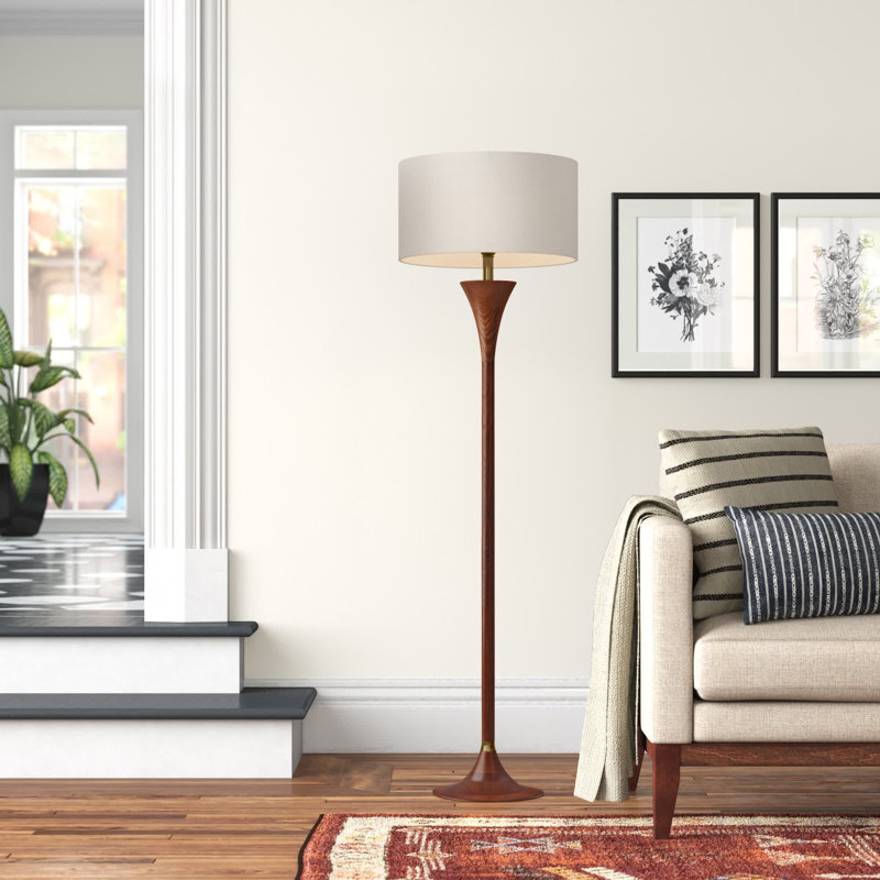 Rebecca 60" Walnut Rubberwood Floor Lamp with Antique Brass Accent
