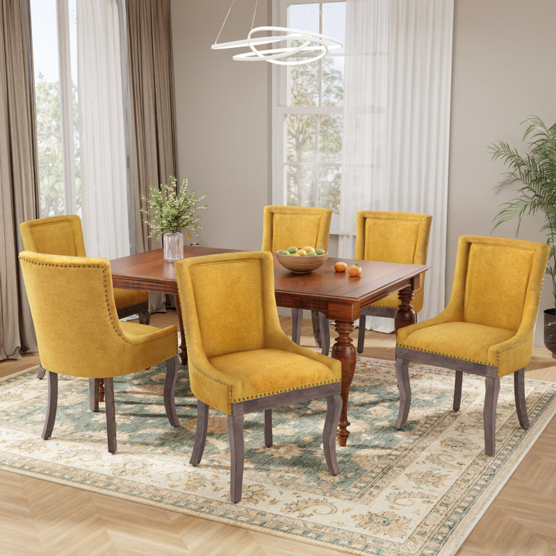 Thickened Fabric Upholstered Wooden Nailhead Dining Chairs (Set of 6), Yellow
