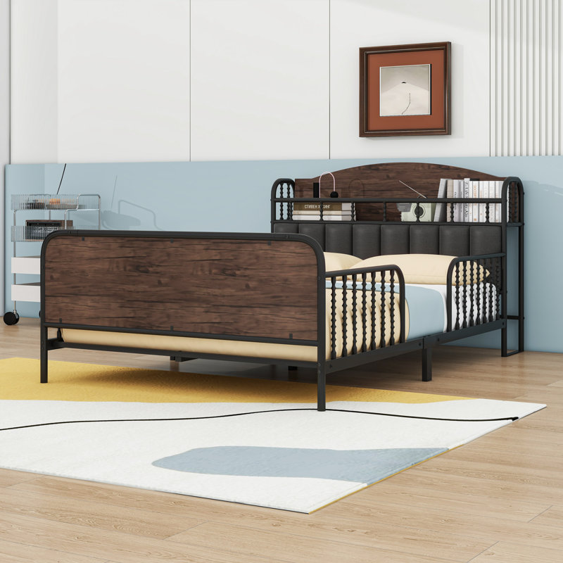 Metal Platform Bed Frame With Light And Storage Headboard, Black/Brown, Full