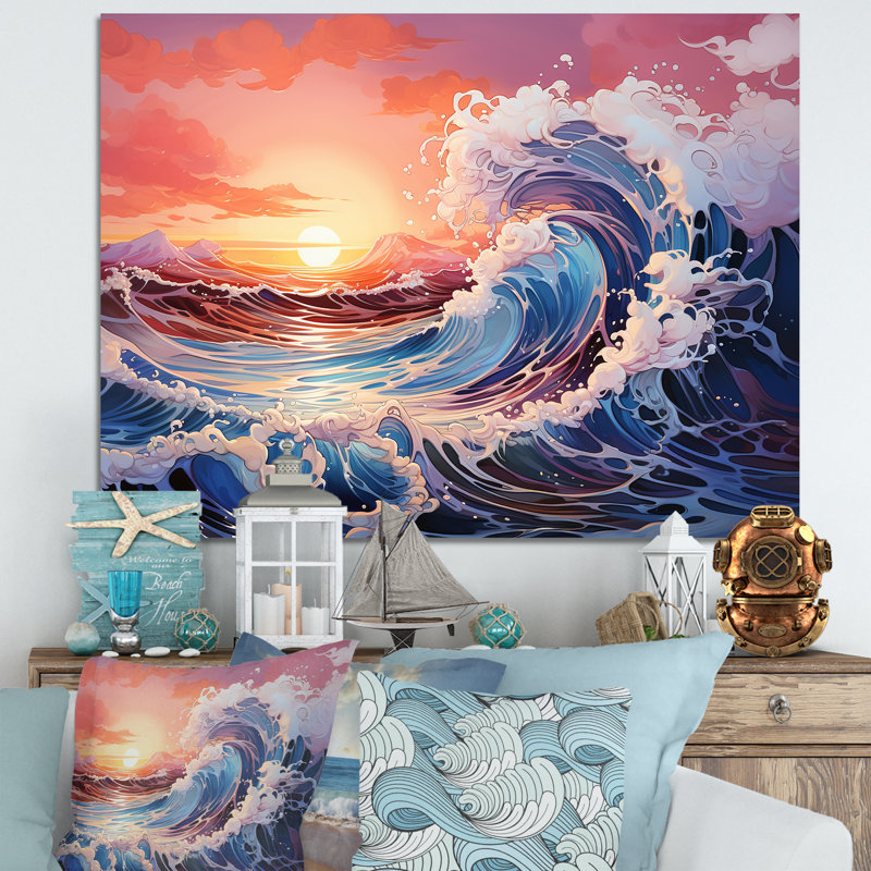 Japon, vague de lever de soleil Kanagawa I - décoration murale océan, H 16 po x l 32 po x P 1 po, Toile tendue