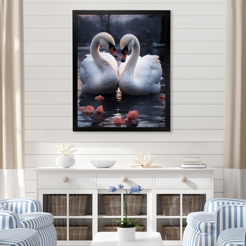 Art mural sur toile, "Swans Romantic Portrait II", H 32 po x l 24 po, Cadre simple noir