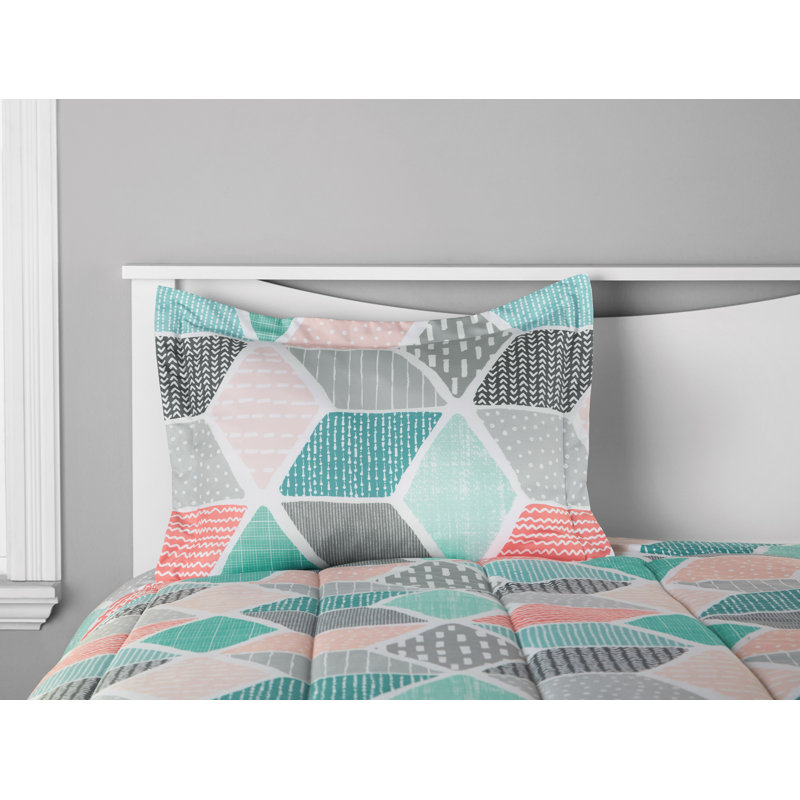 Cates Reversible Blue/Grey/Pink Geometric Fabric Comforter Set, Twin