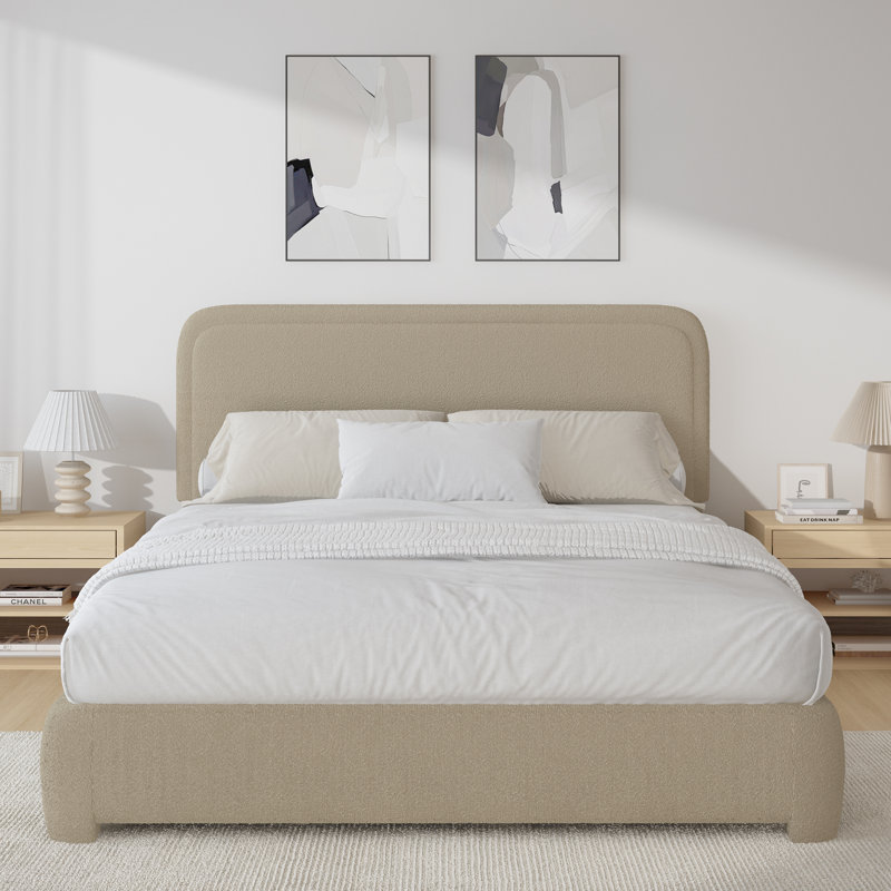 Ensemble de lit plateforme tapissier avec 2 tables de chevet fermières Boucle - Ensemble de chambre à coucher 3 pièces, Beige