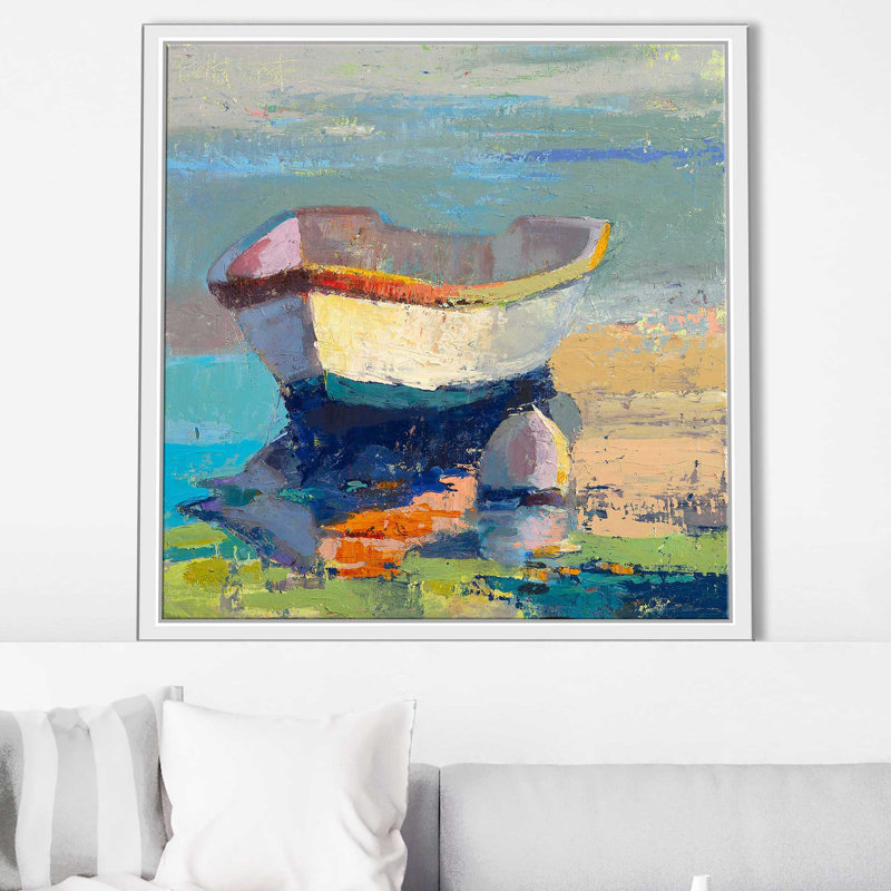 «Bottle Green Boat» par Beth A. Forst - Peinture, Cadre flottant blanc, H 39,5 po x l 39,5 po x P 2 po