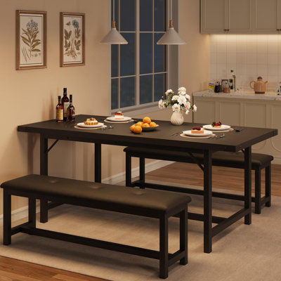 Dining Table Set for 4-6, Extendable Kitchen Table Set with 2 Upholstered Bench for 6,Rectangle Small Extendable Metal Frame Kitchen Table Set for 4 f by 17 Stories