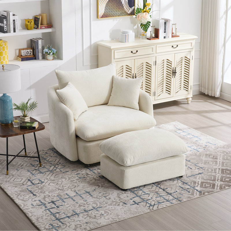 Fauteuil d'appoint pivotant surdimensionné rembourré avec repose-pieds, Beige