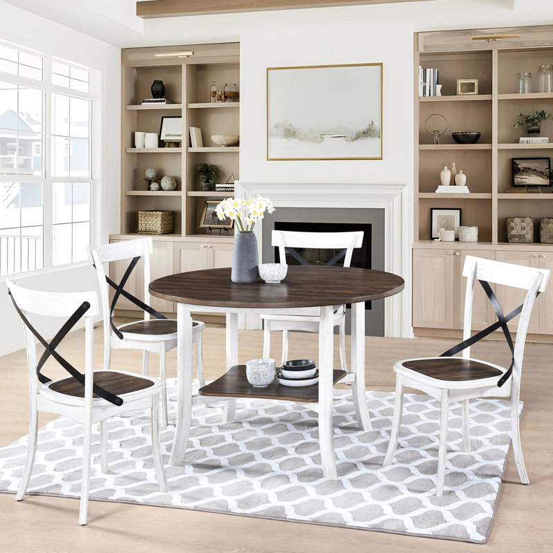 Arrangement de salle à manger rond - chaises élégantes, rangement pratique sur table élégante et 4 accents en bois blanc foncé
