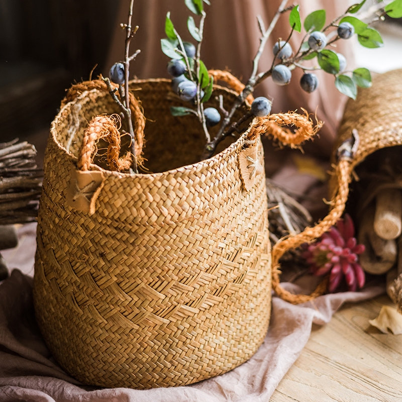 Ensemble de 2 paniers de pique-nique en paille naturelle 2 pièces rustique