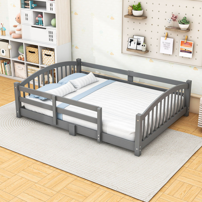 Wood Floor Bed with Safety Guardrails, Gray, Full