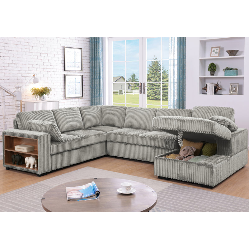 Sleeper Sectional Sofa with Pull-Out Bed, Storage Armrest, Right-Facing Storage Chaise, Light Gray Corduroy