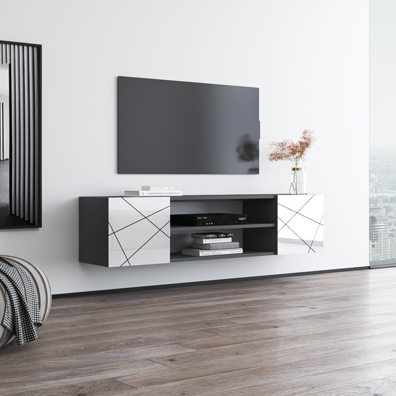 Seroba Modern TV Stand with High Gloss Finish, Wall-Mounted, Gray/White