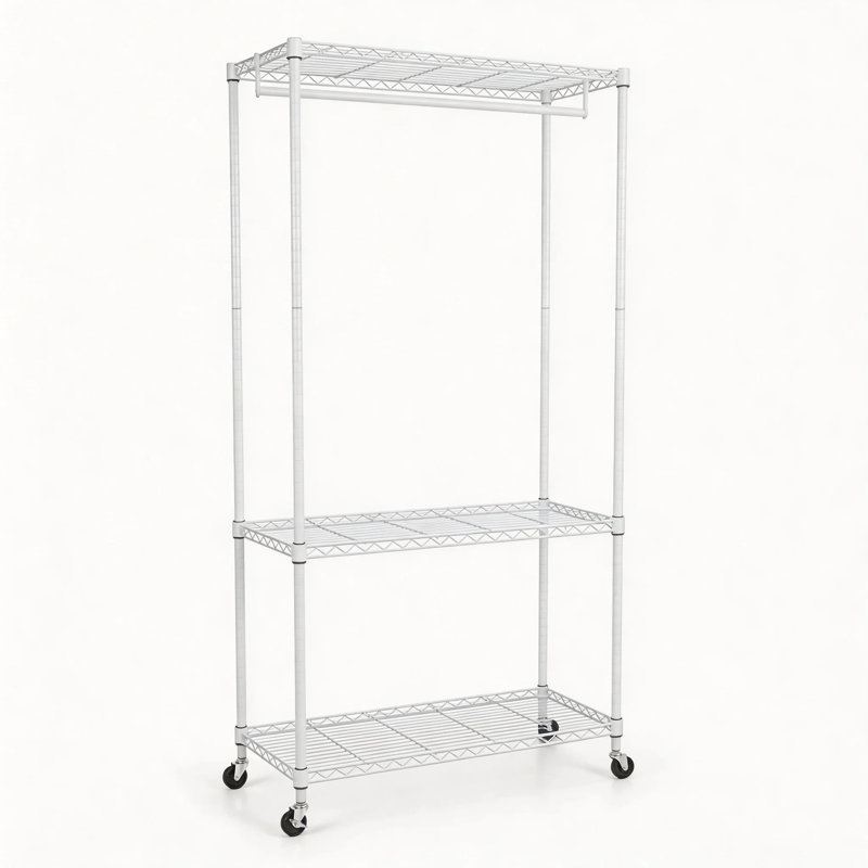 Three-Tier Rolling Garment Rack with Wheels, Freestanding Heavy Duty Clothes Rack with Adjustable Wire Hanging Rod and Wire Shelves, White, 35.43 x 17.72 x 73.23 Inch