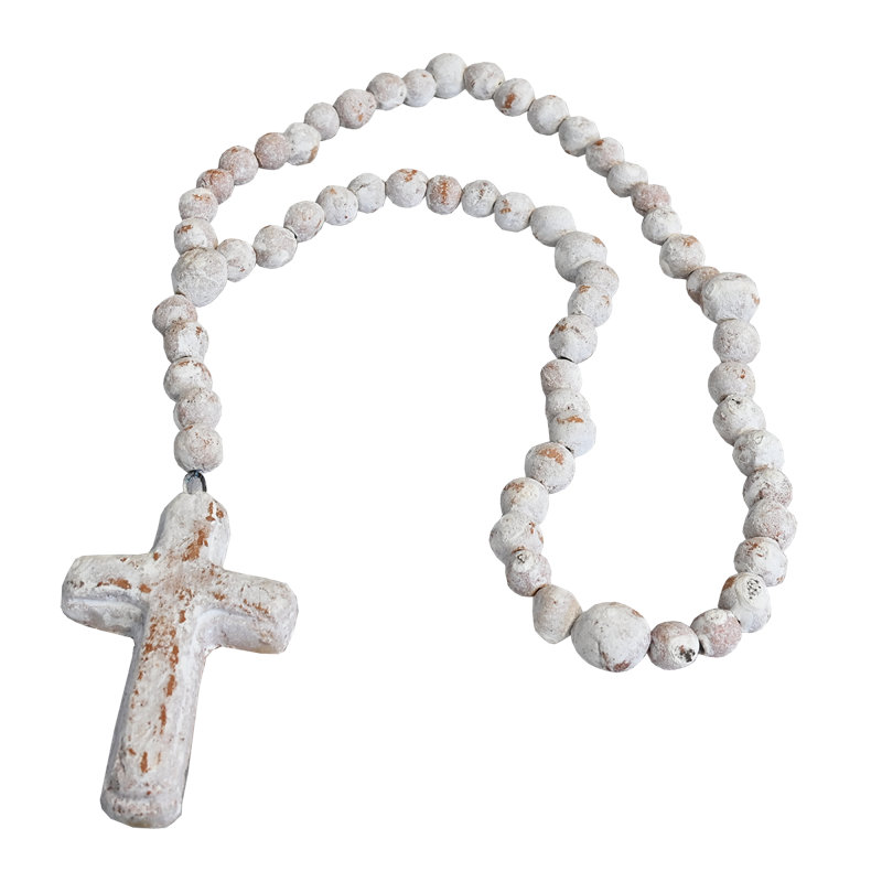 Natural, Hand Fired Clay Rosary With Cross, 22" H x 3" W x 1" D, White