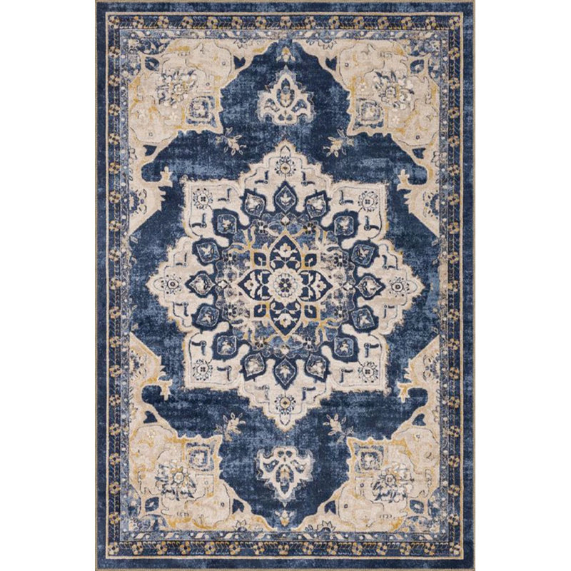 Blue Cream Traditional Checkered Floral Woven Base Washable Carpet, Rectangle 5'2" x 7'7"