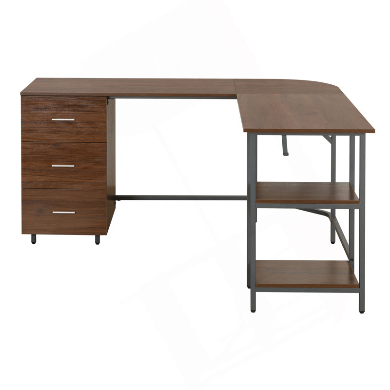 L-Shape Home Office Two Tone Desk With Storage, Walnut