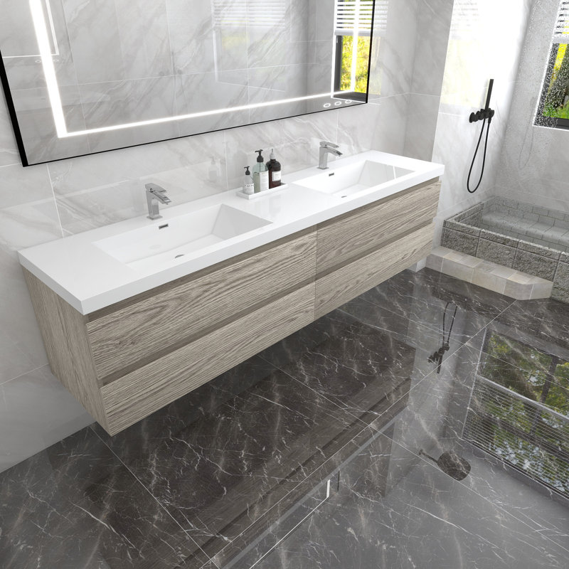 Dameion 84'' Double Bathroom Vanity with Acrylic Top, Teak Oak