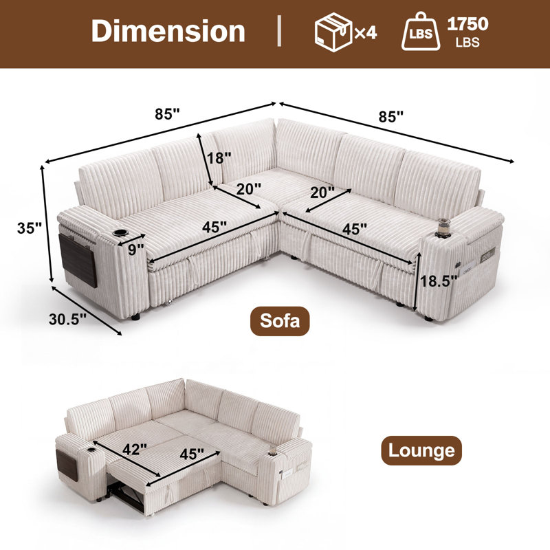 85" Sectional Sofa Couch With Pull Out Bed, 5 Seat L Shaped Pull Out Couch Bed With Usb Ports, Modular Sleeper Sofa Bed, Large Sectional Couches For Living Room