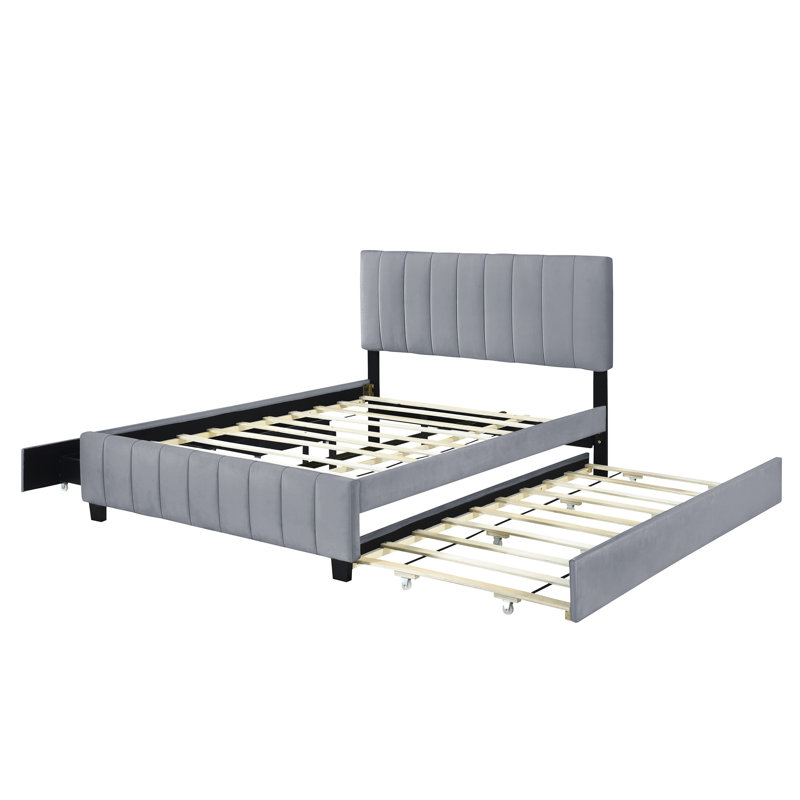 Grand lit tapissier en velours gris. 2 tiroirs et lit gigogne simple TG Support dense. Système de lattes en bois pour améliorer l'organisation de la chambre à coucher. Maximiser la fonction