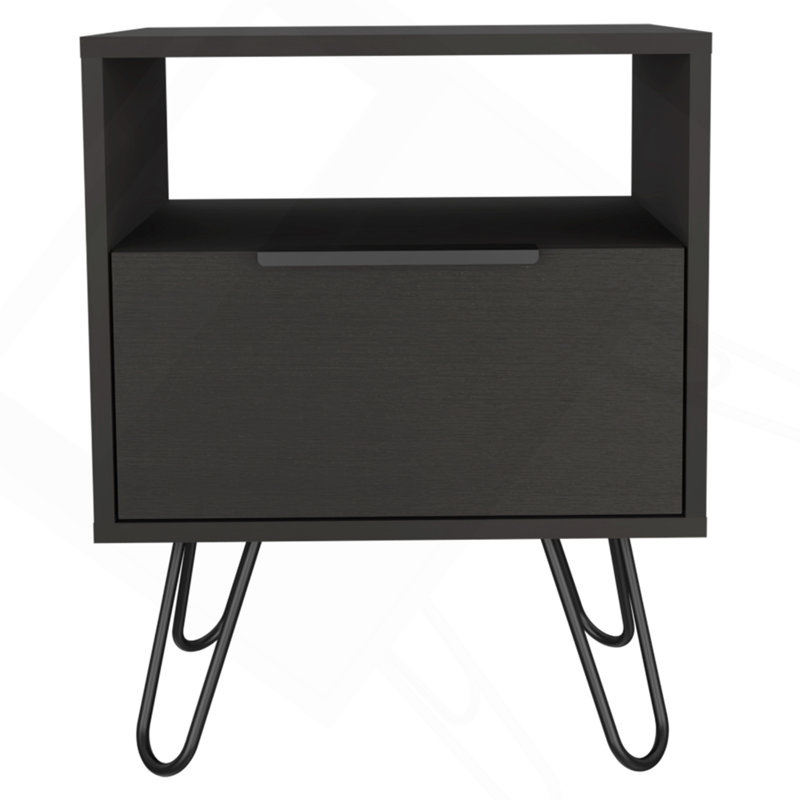 Nightstand 22"H, One Open Shelf, Single Door Cabient, Hairpin Legs, Black, Black