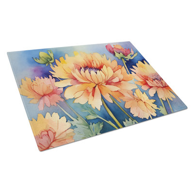 Chrysanthemums in Watercolor Glass Cutting Board Large