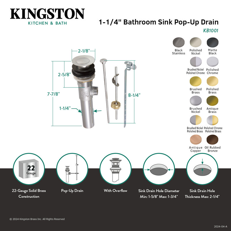 Kingston Brass Trimscape Brass Pop-Up Bathroom Sink Drain with Overflow, 22 Gauge, Polished Chrome