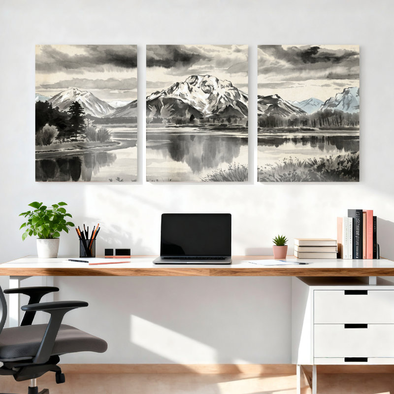 Ensemble de 3 tableaux muraux sur toile en noir et blanc représentant un paysage de montagne, H 18 po x l 36 po