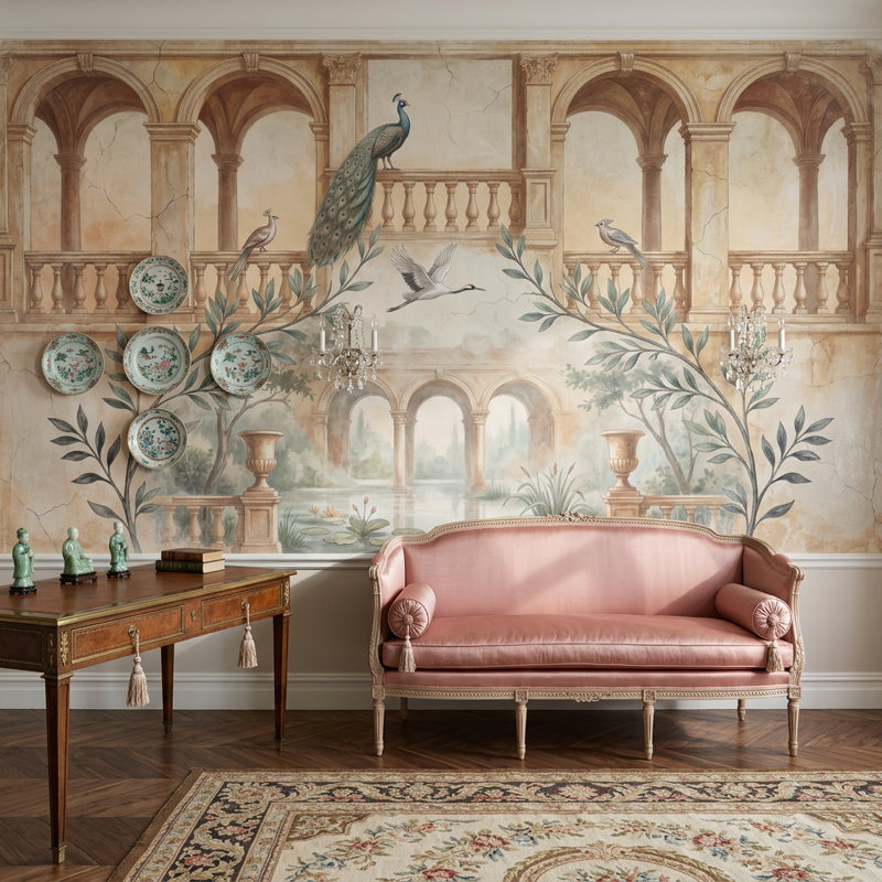 Décoration murale murale en forme d'arche classique de style italien avec cour intérieure amovible, 160 po x 108 po