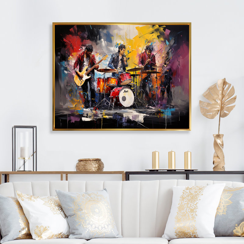 Rock Band In Action III sur toile, H 34 po x l 44 po x P 1,5 po, Cadre flottant doré