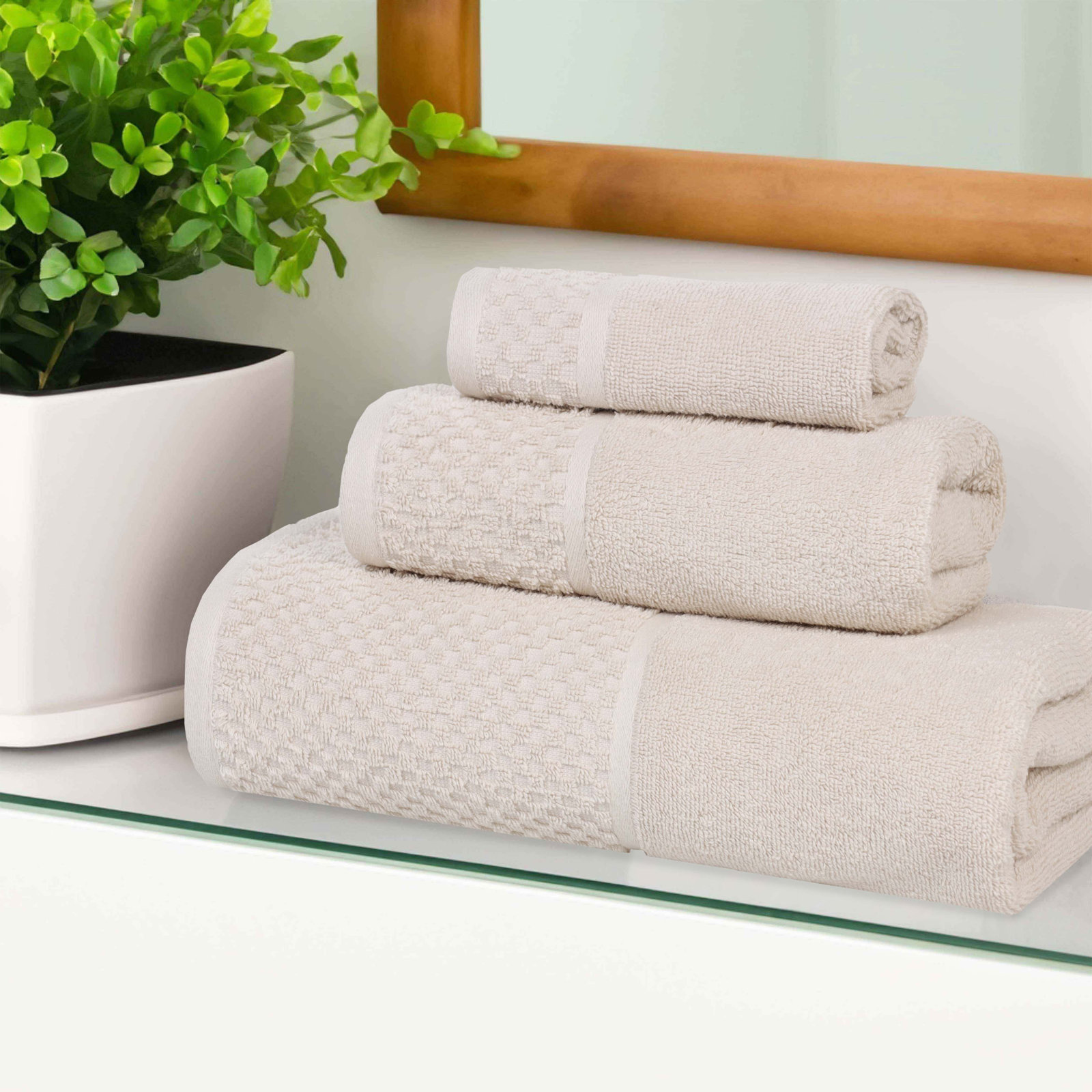 3-Piece Jacquard Cotton Towel Set, Ivory