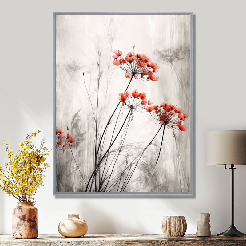 «Red Grey Herb Garden III», impressions sur toile florales, H 32 po x l 16 po x P 1 po, Cadre argenté flottant