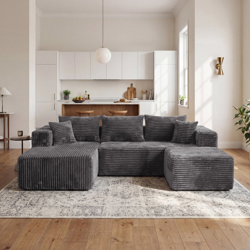 Canapé modulaire en U modulaire en forme de U, canapé en flanelle rembourré avec repose-pieds et ressorts ensachés, canapé modulaire à compression avec 5 coussins sans assemblage, gris