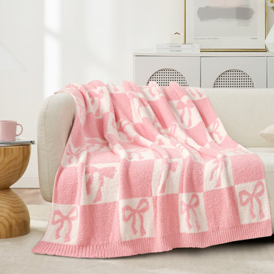 Soft Pink Bow Pattern Knit Throw Blanket Reversible Checkered Blanket for Couch Bed, Gift