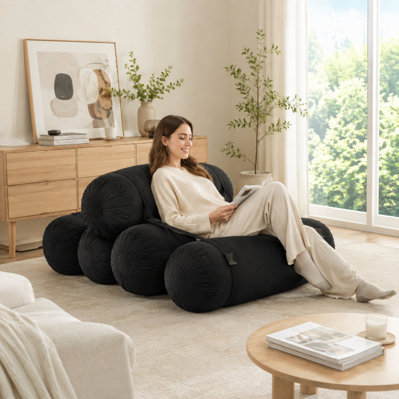 Canapé de sol réglable en velours côtelé, canapé relax modulaire de 5 pièces avec sangles, noir