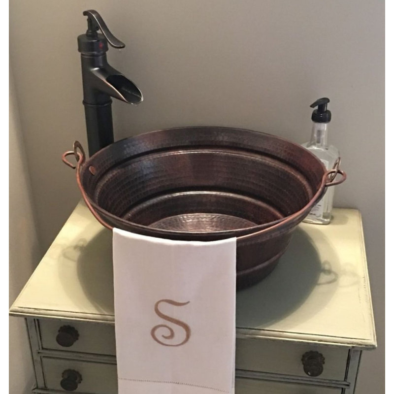 15" Round Copper Vessel Bucket Bath Sink, Faucet Kit Included