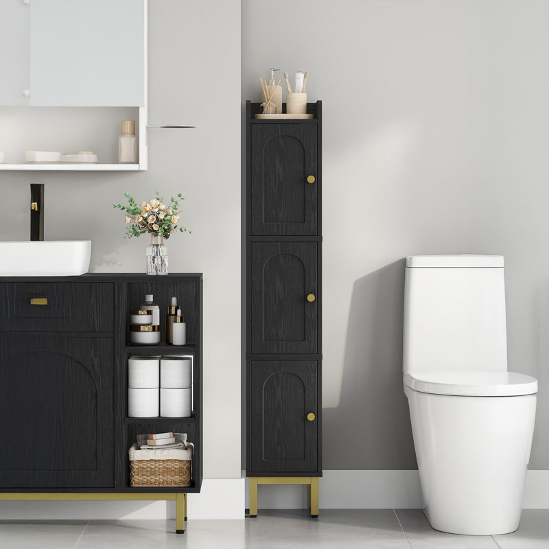 Slim Bathroom Storage Cabinet, Narrow Bathroom Organizers and Storage with 4 Adjustable Feet, Laundry Room Organization for Small Space, Kitchen, Living Room, 3 Doors Black