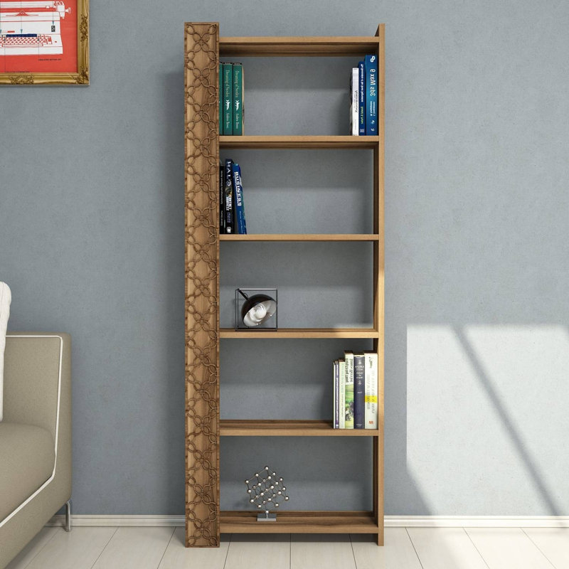 Elegant Walnut Bookshelf, 64.0 x 67.0 x 9.5 inches | 100% Melamine Coated Particle Board, 0.7 inches Thickness, Plastic Legs | Wall-Mountable with Numerous Shelves, Perfect for Traditional & Modern Décor