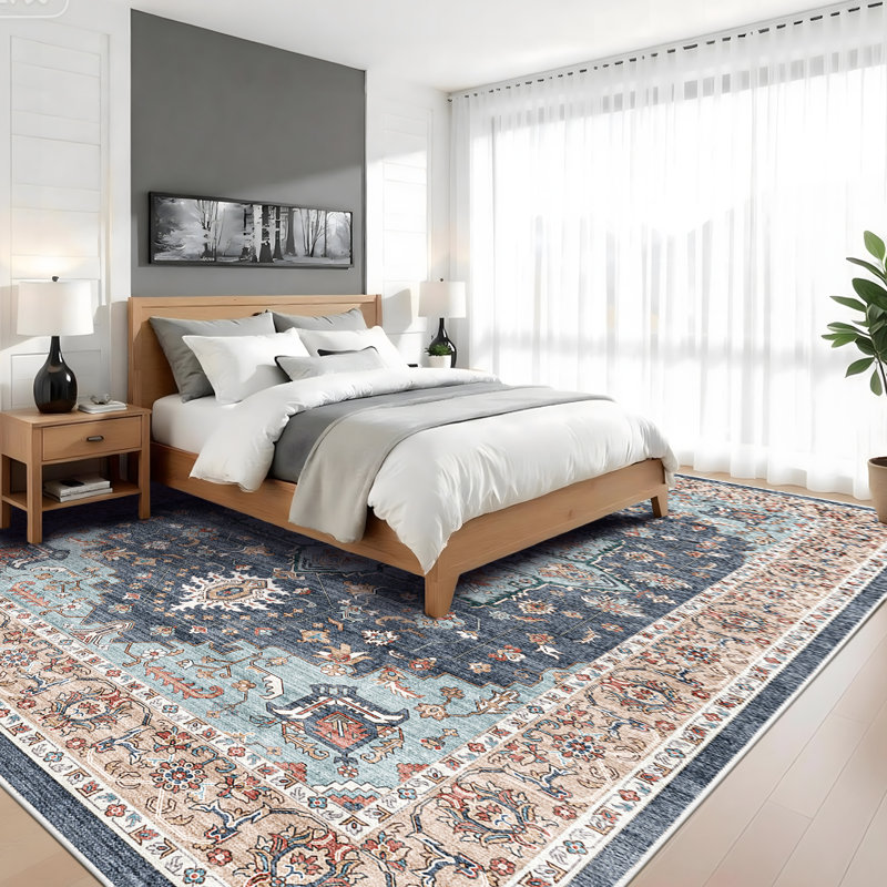 Washable Oriental Area Rug - Rugs for Living Room Soft Carpet for Bedroom Waterproof Floral Distressed Indoor Stain Resistant Non-Shedding Floor Carpets (Blue/Teal/Orange)