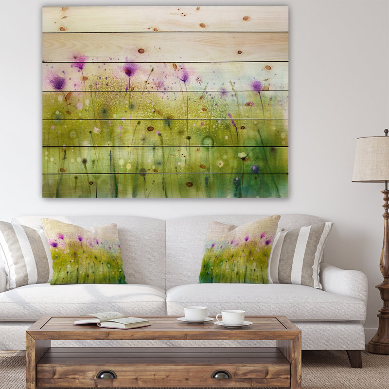 Vert, mauve, cosmos abstrait de fleurs - impression, H 36 po x l 46 po x P 1,5 po, Bois