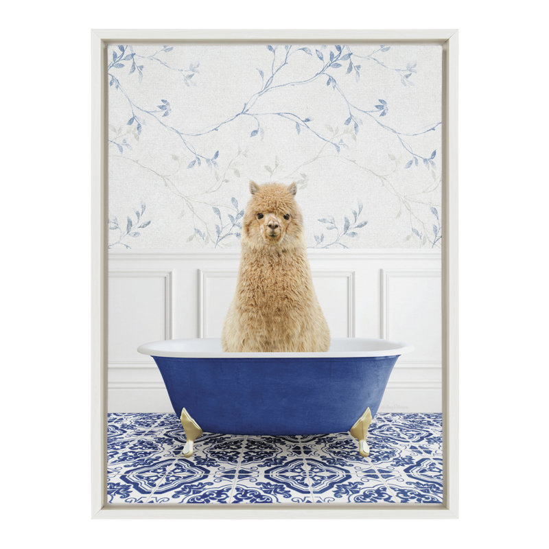 «Alpaca In Eclectic Blue Bath» par Amy Peterson, reproduction d'art sur toile encadrée, Blanc